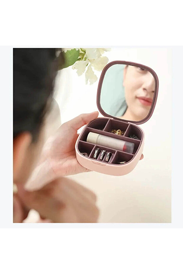 صندوق مجوهرات ومكياج محمول صغير الحجم مع مرأءة