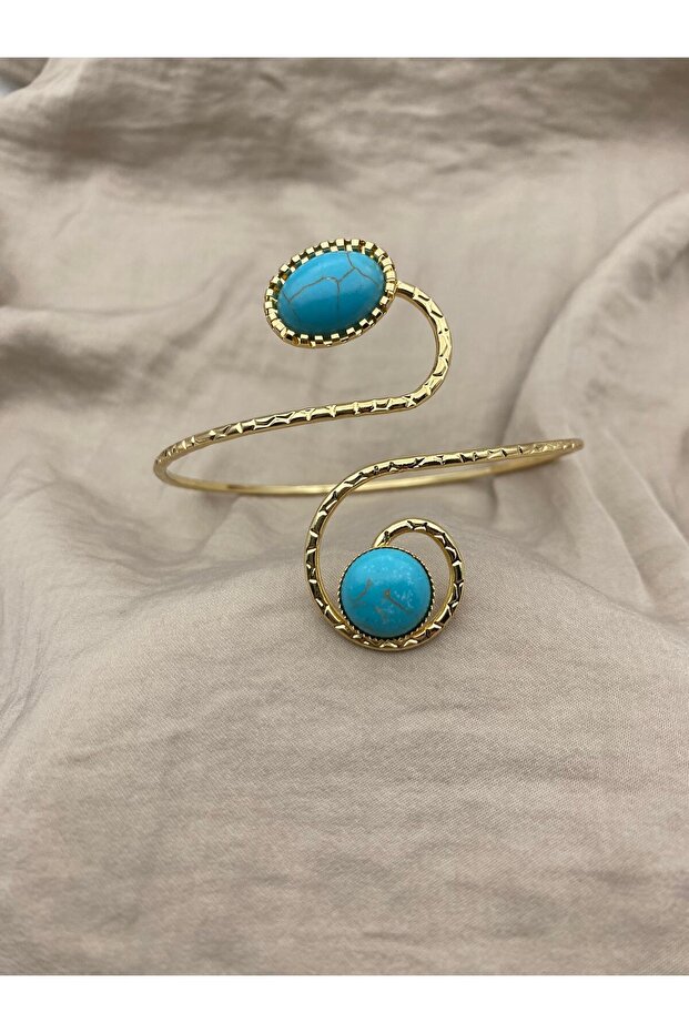 Blue Stone Textured Model Gold Color Adjustable Arm Pazu Bracelet, Armcuff