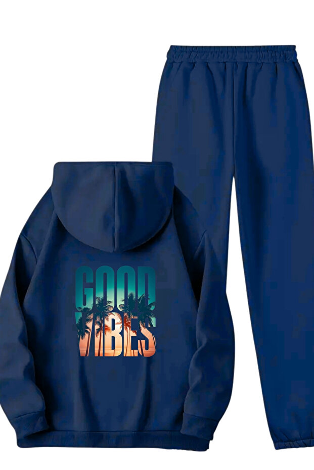 Unisex Navy Blue Good Vibes Back Printed Tracksuit Hoodie - Winter Embossed Fabric