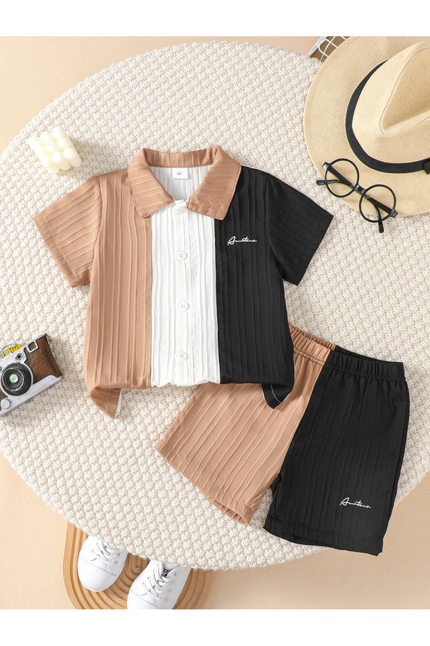 Boys Color Block Textured Shirt and Shorts Set