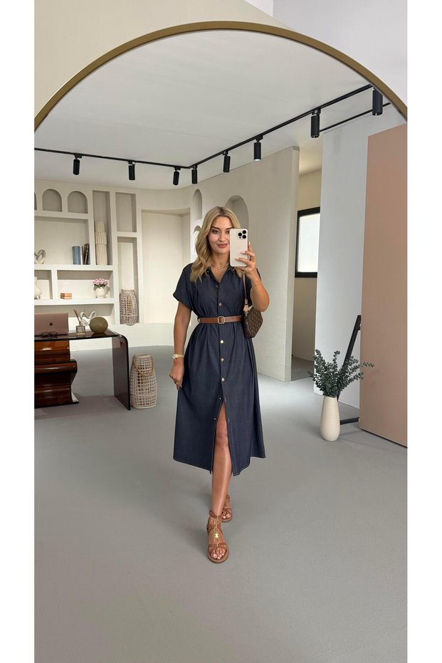 Buttoned Belt Detail Navy Blue Tencel Denim Dress