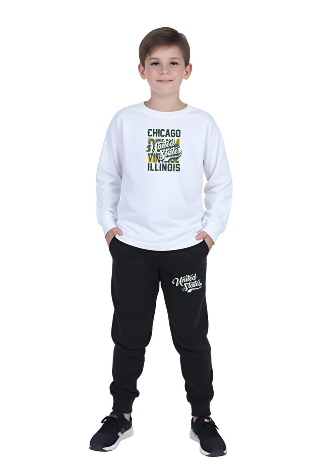 Round Neck Chicago Printed Detail Boy's Track Suit