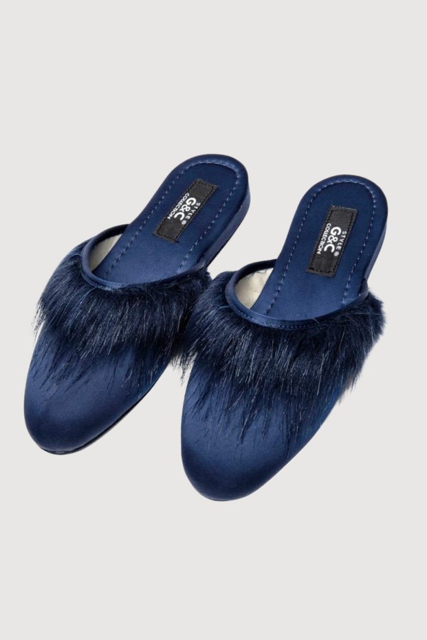 Women's Navy Blue Heelless Closed Furry House Slippers Daily Dowry Gift Vr.Gc.02.T45.Y19