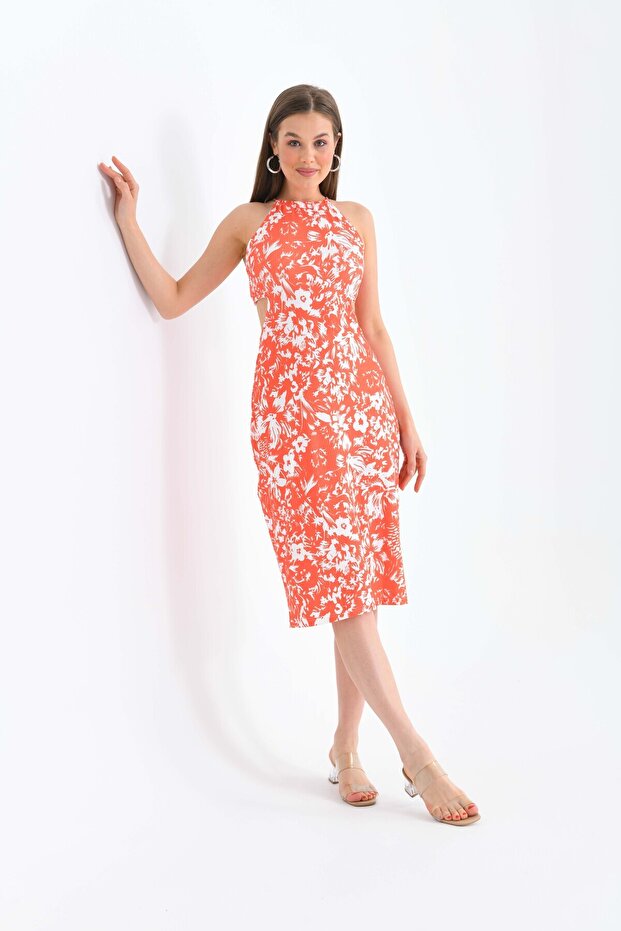 Women's Orange Floral Patterned Back Detailed Stretchy Midi Dress