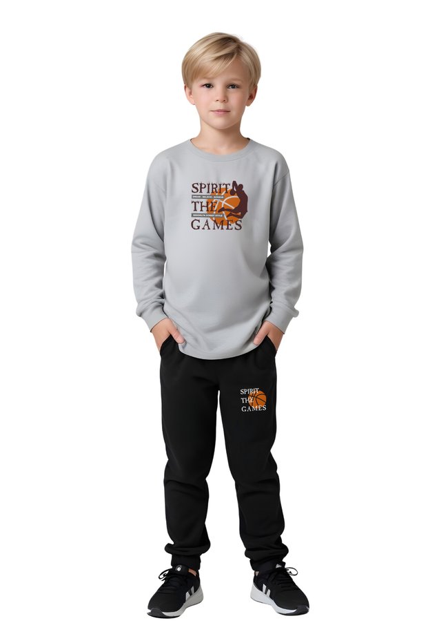 Round Neck Basketball Print Detailed Boys Tracksuit Set