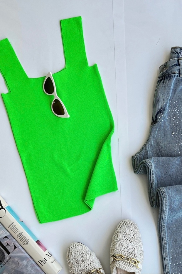 Pool Collar Neon Green Plus Size Matching (38-48) Knitwear Camisole Blouse