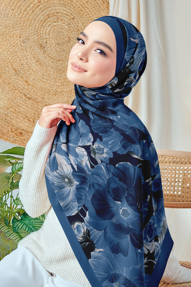 Bursa Silk Shawl - Lilac Garden Series - New Collection - Denim Blue