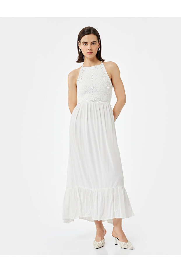 Viscose Crinkle Fabric Crochet Detailed Halter Neck Long Dress