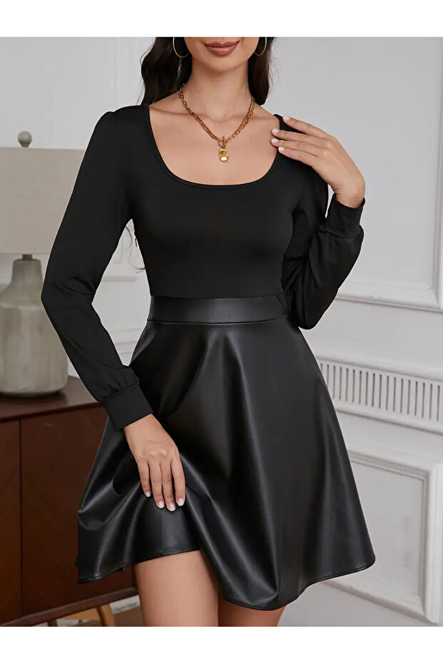 Square Neck Lantern Long Sleeve Pu Dress