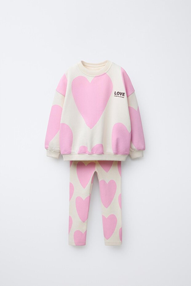Girl's Cotton Ecru Pink Heart Patterned Sweatshirt and Leggings Set - Love