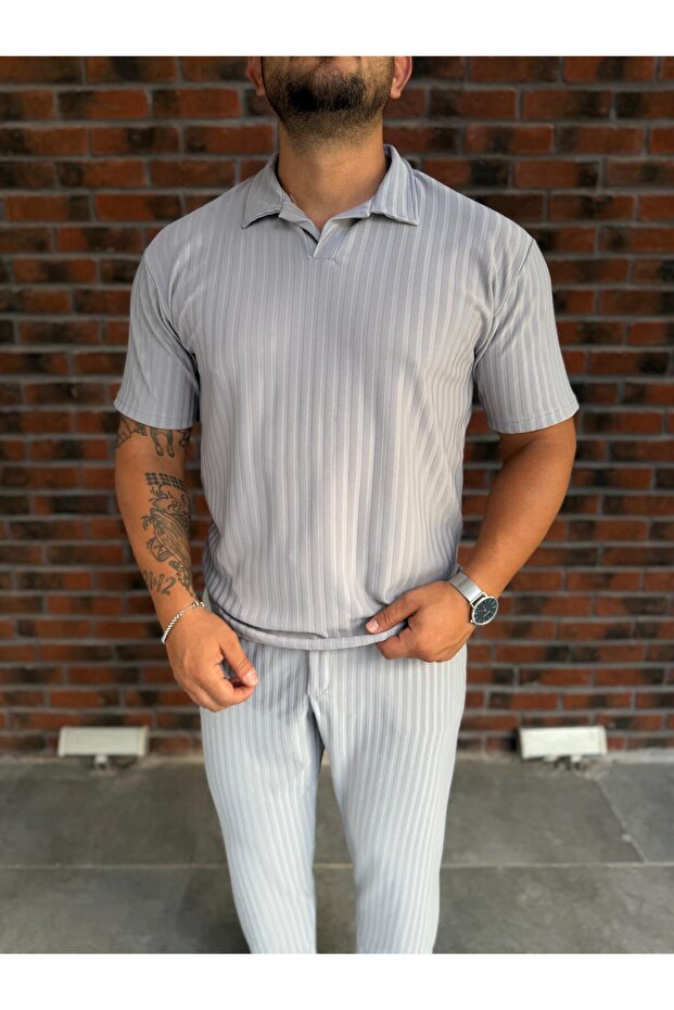 Polo Neck Vertical Striped Men's T-Shirt