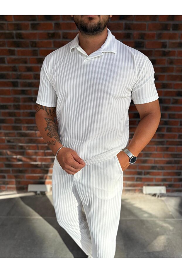 Polo Neck Vertical Striped Men's T-Shirt