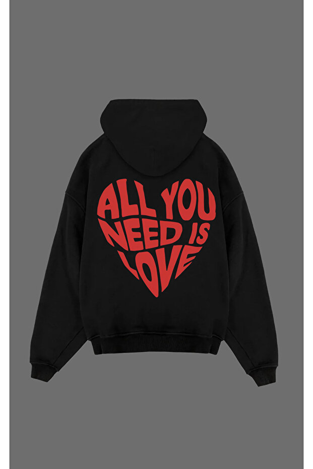 Oversize All You Need Is Love Printed Hooded Sweatshirt
