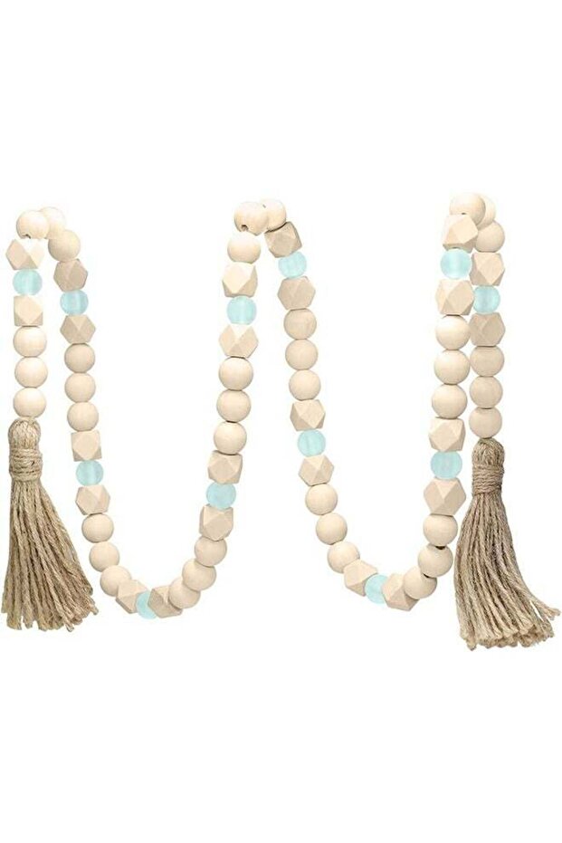 Wood Bead Garland with Tassels, Geometric Wooden Craft Beads with Aqua Acrylic Beads, Boho Farmhous