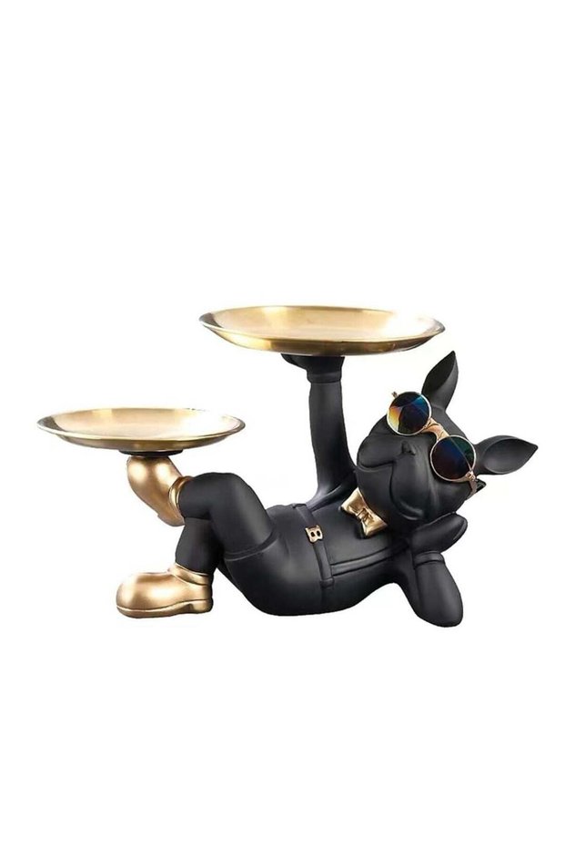 French Bulldog Resin Statue with Glasses, Dual Metal Tray Decorative Organizer for Keys, Wallet & J