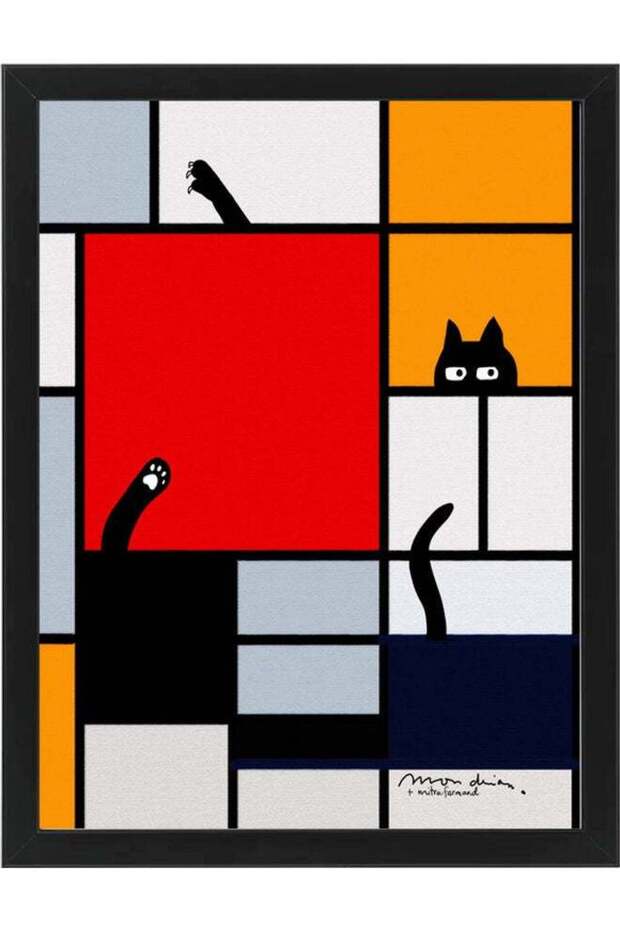 Mondrian with Cat Famous Paintings Defaced Poster with Frame Multicolour 30 x 40cm