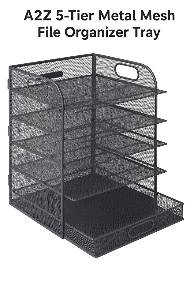 5-Tier Metal Mesh File Organizer Tray – Desktop Document Rack with Sliding Drawers .