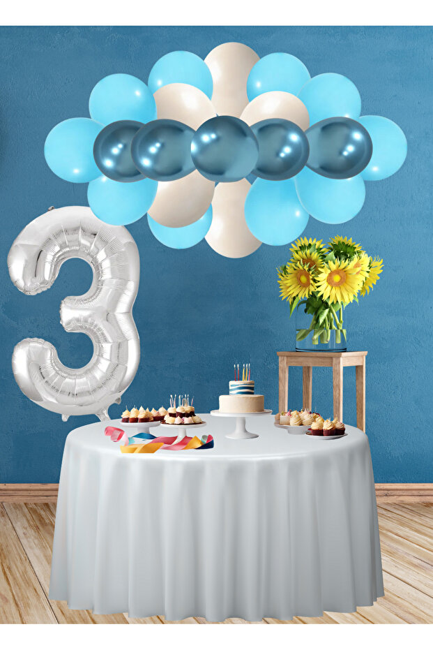 3 Years Old Ocean Themed Birthday Set Chrome Blue Light Blue White Balloons Silver Foil Number