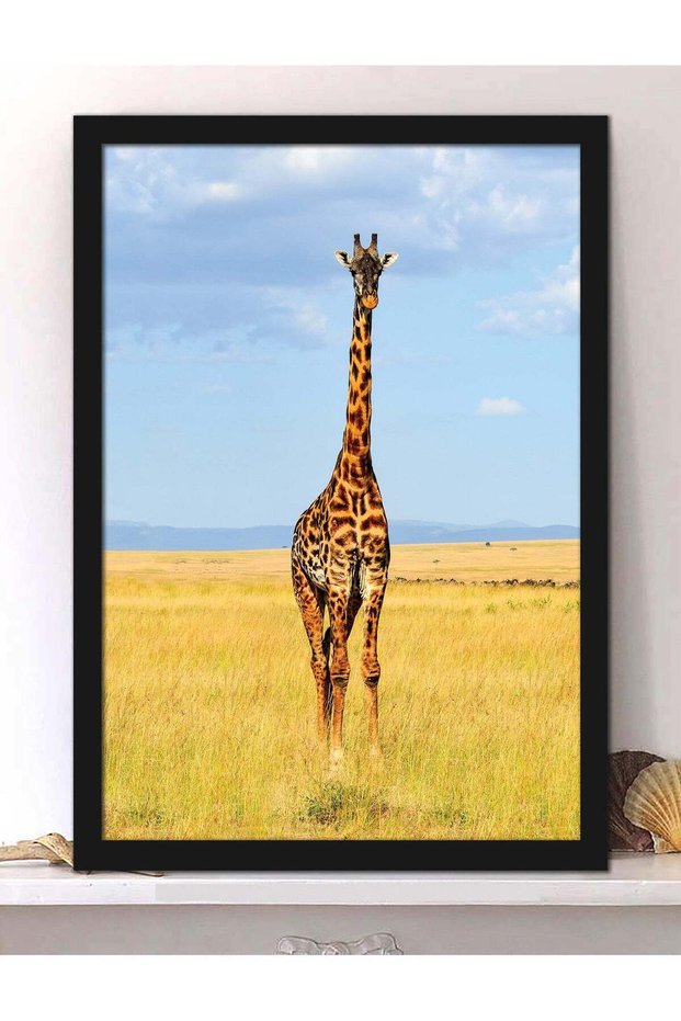 Wall Posters with Giraffe Walking in the Safari Picture and Black Frame - Wall Arts Home Décor Phot