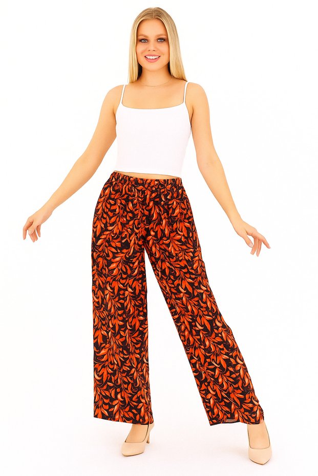 Women's Black Orange Lacing Detailed Elastic Waist Relaxed Fit Palazzo Viscose Trousers
