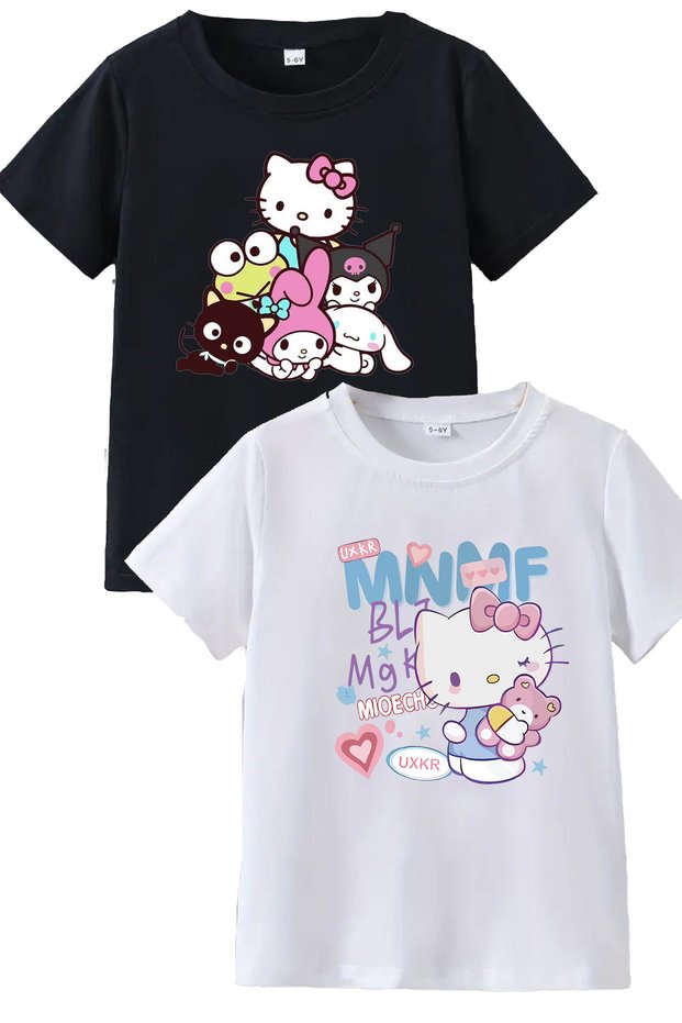 2 Pack Quality Cotton Combed Women's Printed Tshirt Hello Kitty Black White T-Shirt