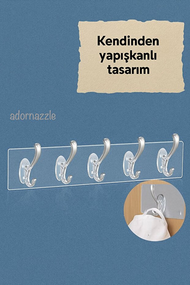 2'li Güçlü Yapışkanlı Şeffaf Duvar Askısı, Banyo Askısı, Mutfak Askısı, Askılık 5'li - 5