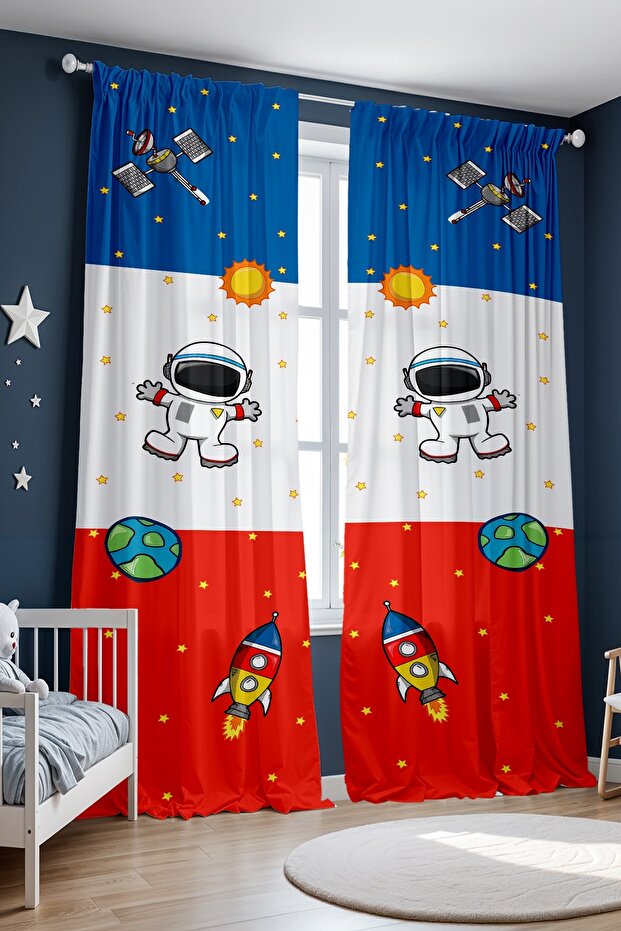 Blue Red Space and Little Astronaut Patterned Children's Baby Room Background Curtain (Single Wing Pricing)