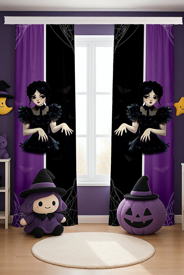 Purple Black Bat Wednesday Addams Patterned Children's Baby Room Background Curtain (Single Wing Pricing)