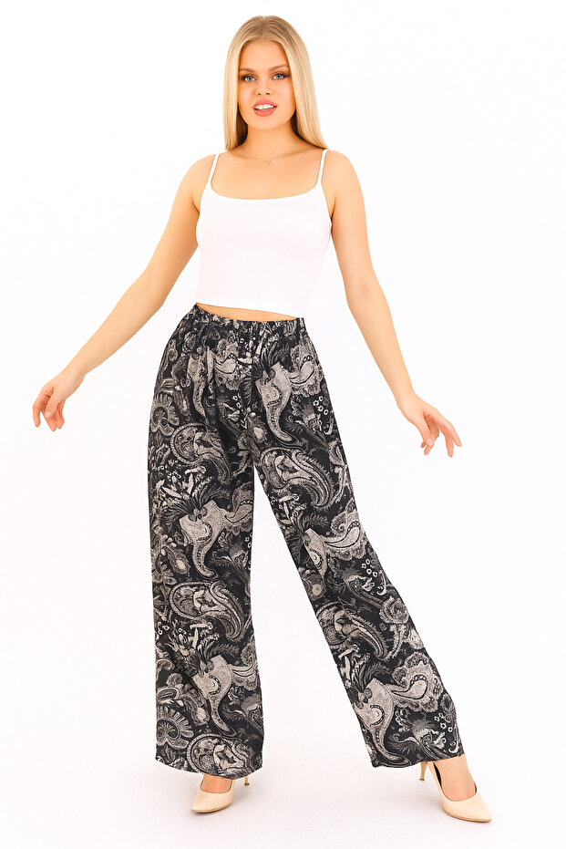 Women's Black Gray Shawl Patterned Tie Detail Comfortable Cut Palazzo Viscose Trousers with Elastic Waist