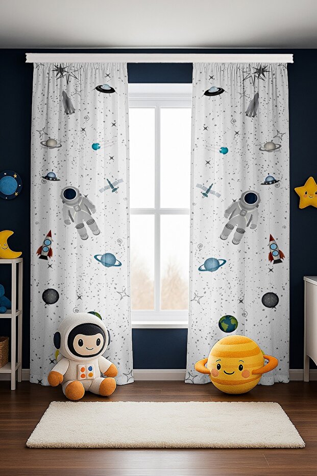 White Space Small Astronaut Patterned Children's Baby Room Background Curtain (Single Wing Pricing)