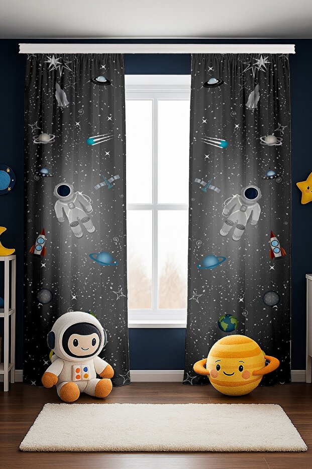 Gray Space Small Astronaut Patterned Children's Baby Room Background Curtain (Single Wing Pricing)