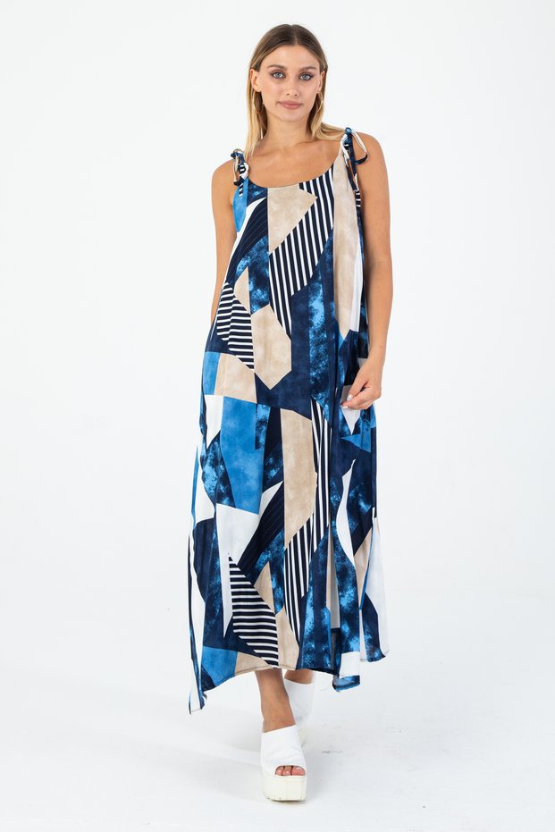 Women's Summer Blue Colored Geometric Patterned Strap Long Maxi Dress – Casual