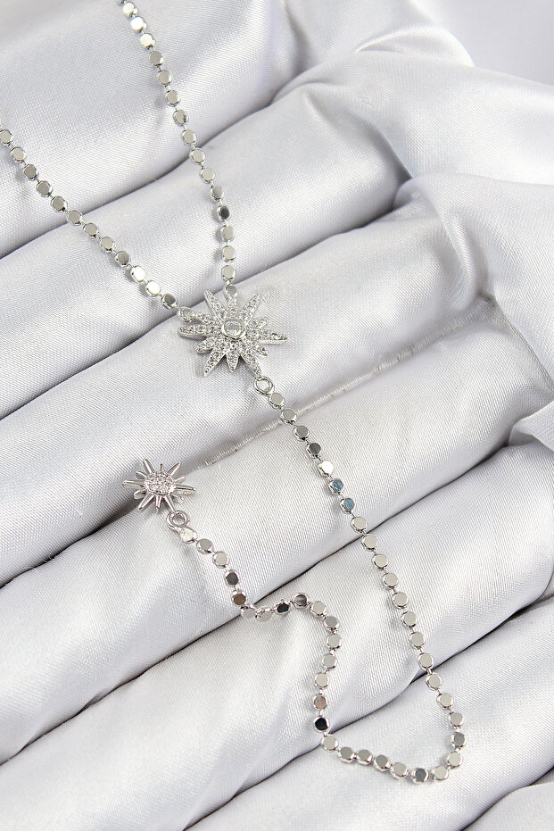 Brass Zircon Stone Crushed Chain Pole Star Model Silver Color Y Necklace Tj-Bko10468