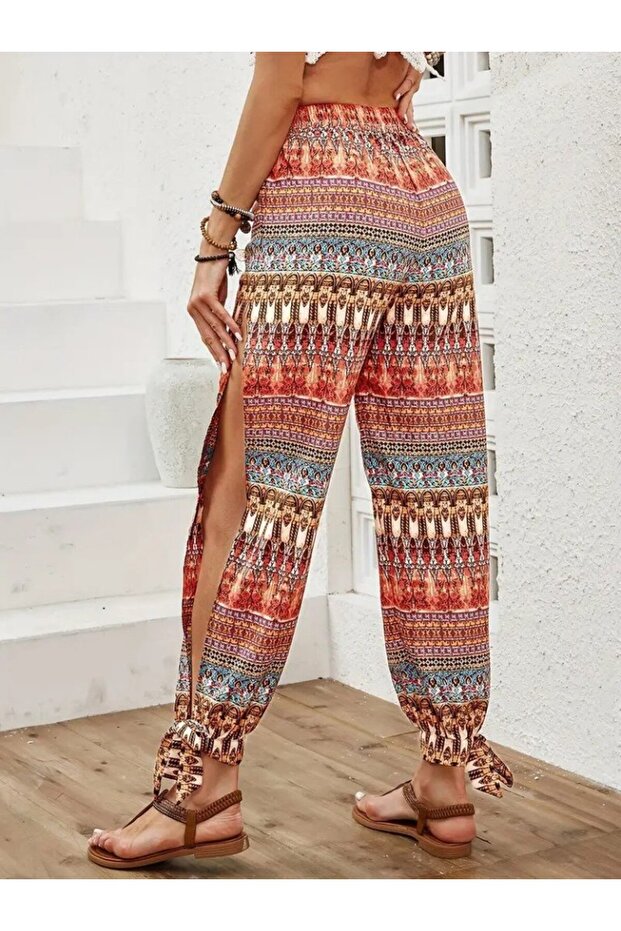 Women's High Waisted Patterned Wrinkle Pants with Side Slit Detail