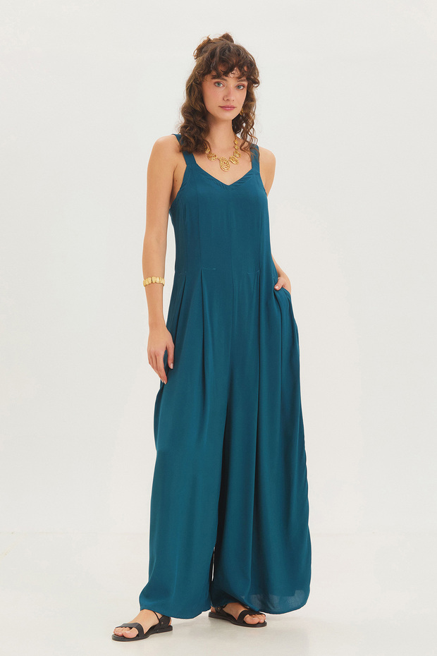 Thick Strap V-Neck Long Jumpsuit Navy Blue