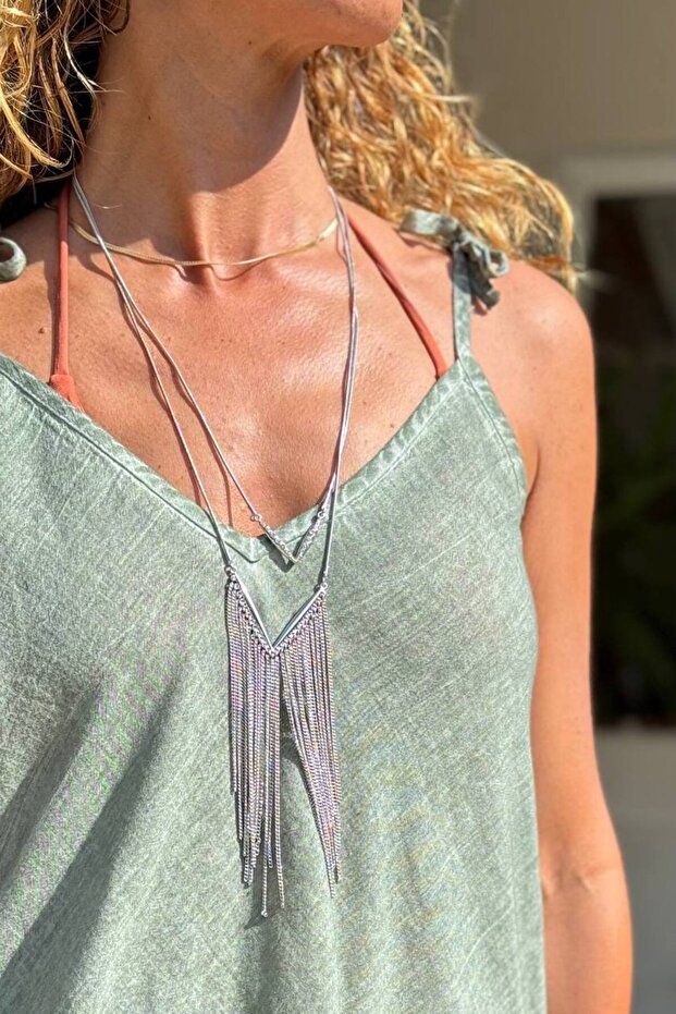 Geometric Long Necklace with Chain Detail
