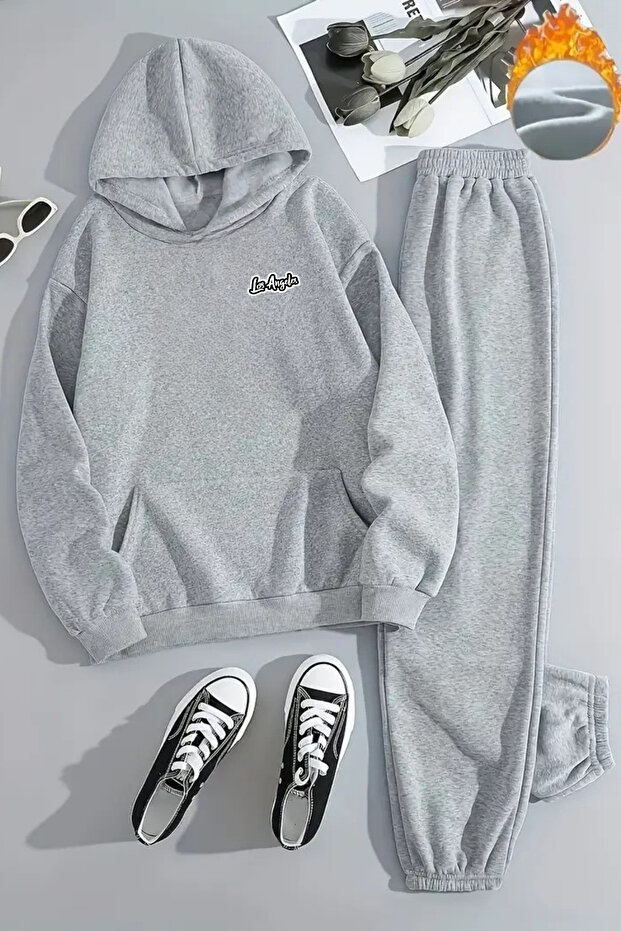 Unisex Mini Los Angeles Printed Hooded Gray Tracksuit Set - Winter Embossed Fabric