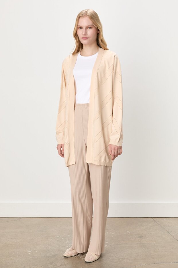 Örme Piliseli Bol Pantolon Bej - 1