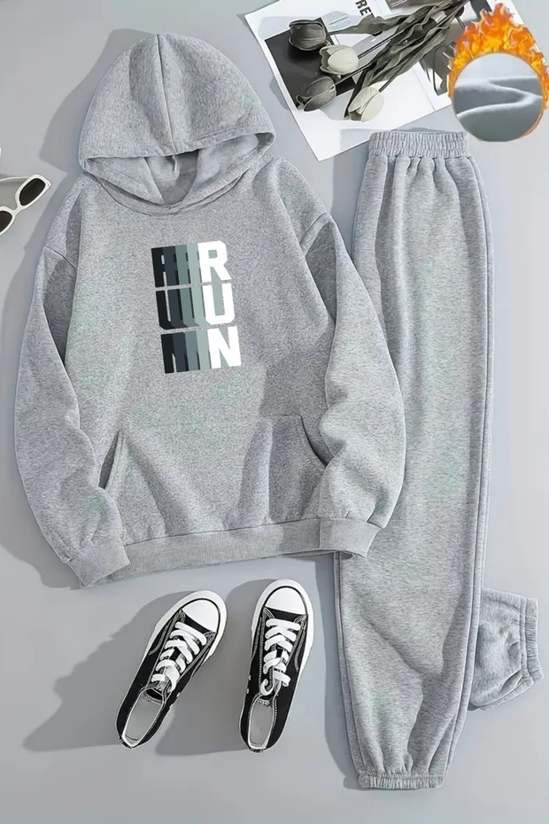 Unisex RUN Baskılı Kapüşonlu Gri Eşofman Takımı - Kışlık Şardonlu Kumaş - 1