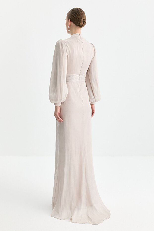 Balon Kollu Drapeli Abiye Bej - 4