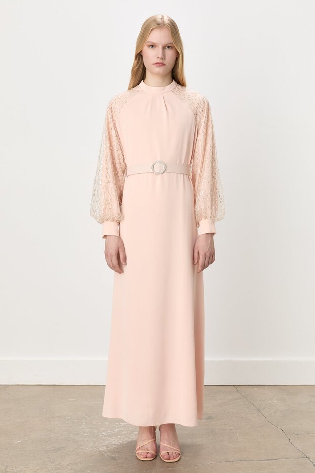 Sleeve Detailed Belted Dress Beige