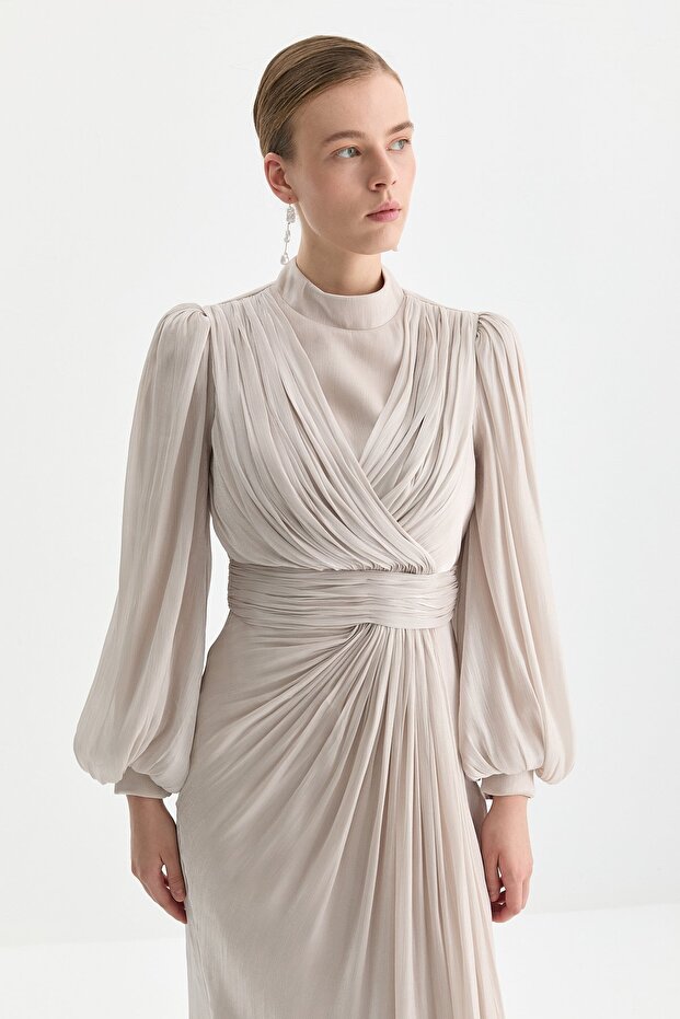 Balon Kollu Drapeli Abiye Bej - 2