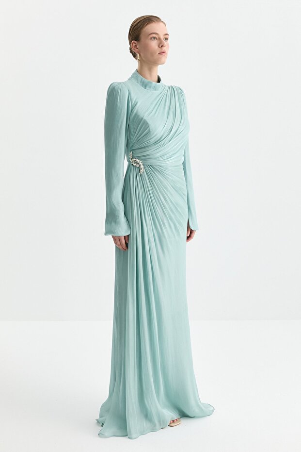 Taş Aksesuarlı Drapeli Abiye Mint - 3