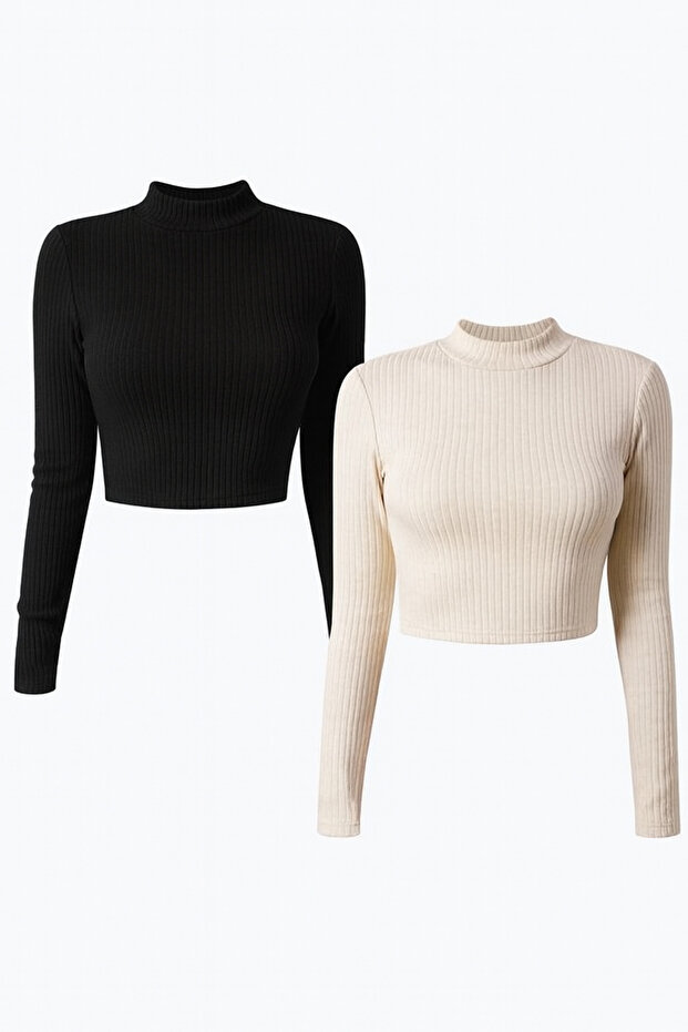 Women's 2-Piece Ribbed Turtleneck Knitted Camisole Long Sleeve Crop Blouse