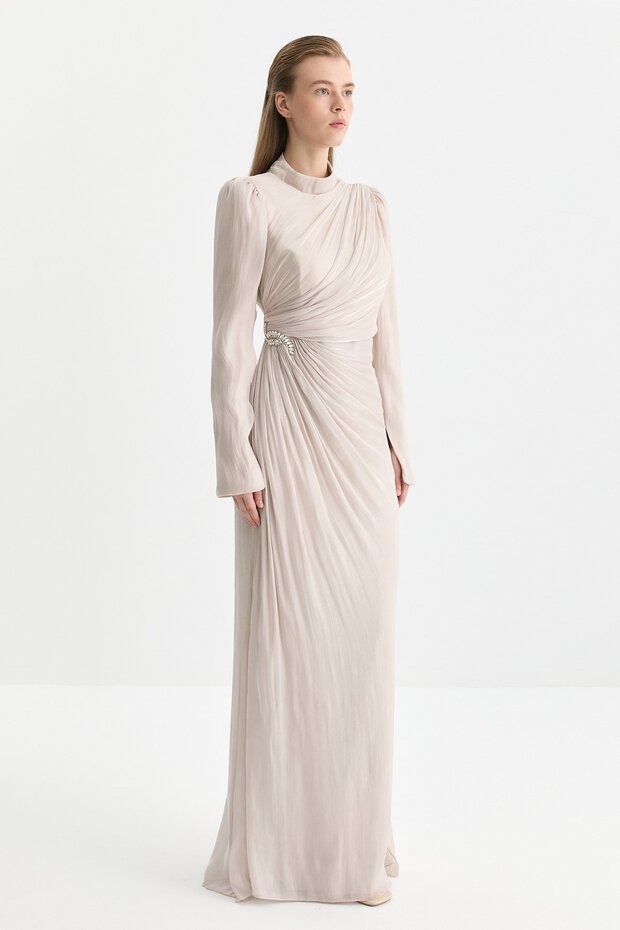 Taş Aksesuarlı Drapeli Abiye Bej - 1