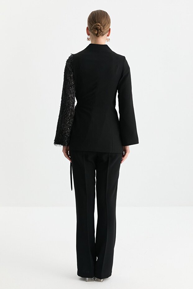 Payetli Bağlamalı Ceket Siyah - 4