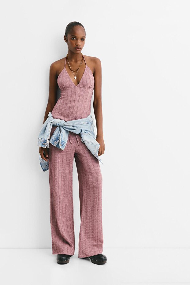 Çizgili bürümcük pantolon - 1