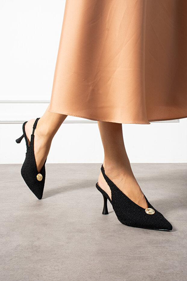 Women's Slingback Stiletto with Black Textured Fabric and Button Accents, Thin Heel