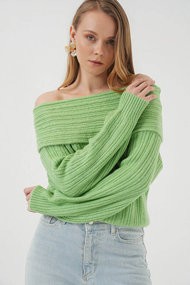 Women's Open Shoulder Oversize Knitwear Sweater E.Green 1235