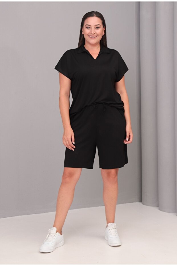 Women's Plus Size Black, Low Sleeve Blouse, Waist Elastic Pocket Shorts, 2Pcs Set 65N39067